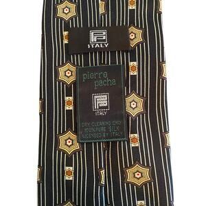 Pierre Pacha Italy 100% Silk Geometric Necktie Black Art Deco Vintage‎